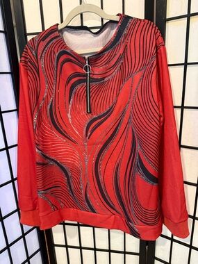 Red Zip-Front Sweatshirt with Black & Silver Wave Design